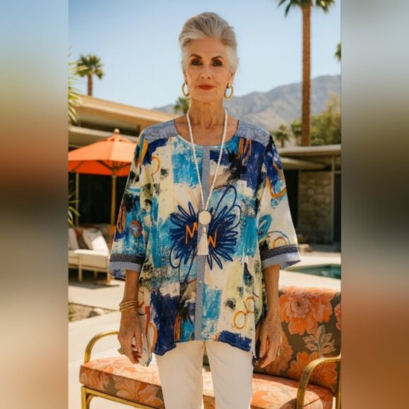 NWT Franck Anna Tunic Blouse Size 3 US XXL Watercolor Abstract Made In France - Picture 1 of 3